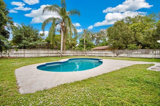 view of pool featuring a patio area and a lawn