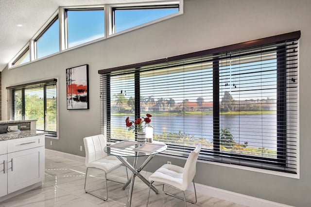 dining area featuring a textured ceiling and lofted ceiling