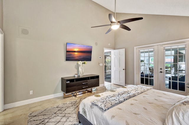 bedroom featuring ceiling fan, access to exterior, high vaulted ceiling, and french doors