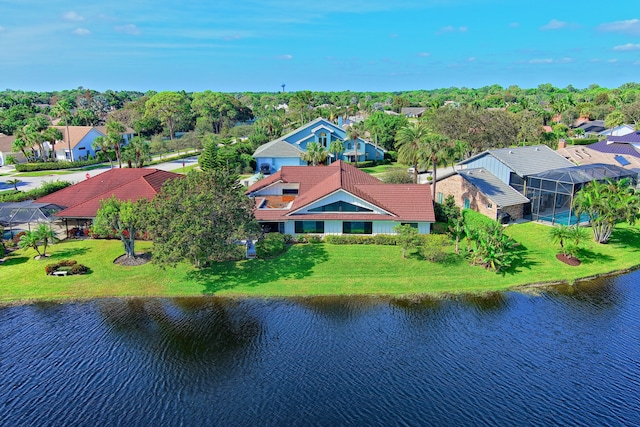 aerial view featuring a water view