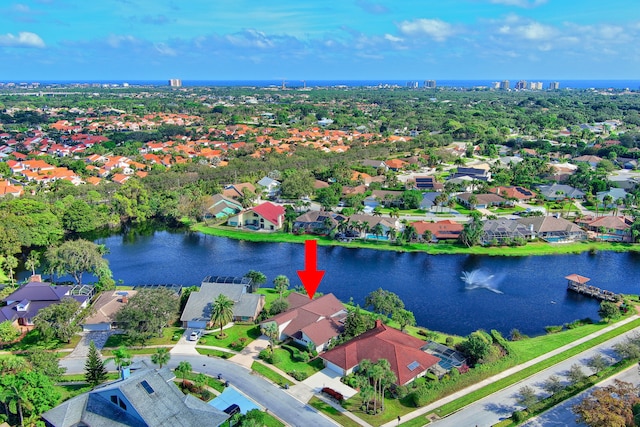 drone / aerial view featuring a water view