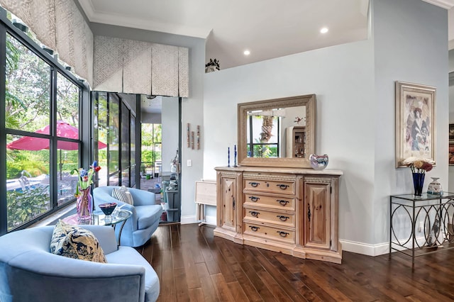 living area featuring dark hardwood / wood-style flooring and crown molding