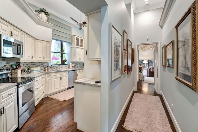 kitchen featuring backsplash, stainless steel appliances, crown molding, dark wood-type flooring, and sink