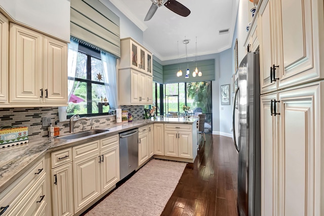 kitchen with decorative light fixtures, plenty of natural light, stainless steel appliances, and sink