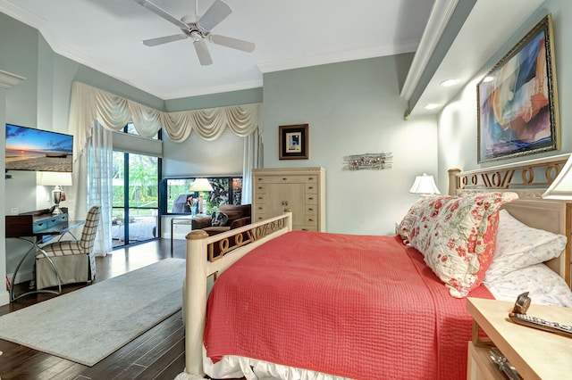 bedroom with hardwood / wood-style floors, access to outside, ceiling fan, and ornamental molding