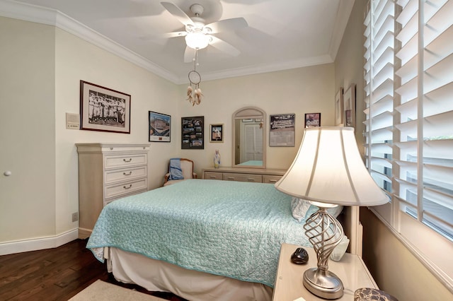 bedroom with ceiling fan, wood-type flooring, and ornamental molding