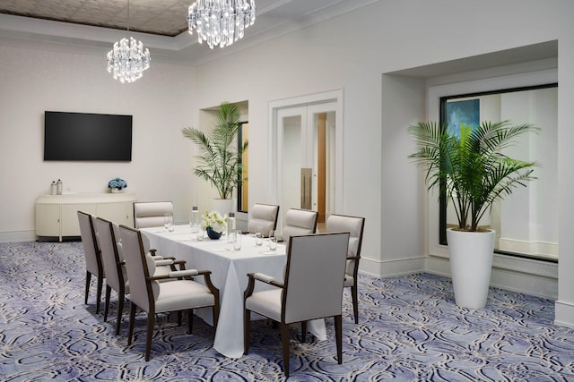 dining area featuring a chandelier and ornamental molding