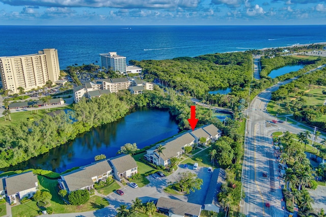 aerial view featuring a water view