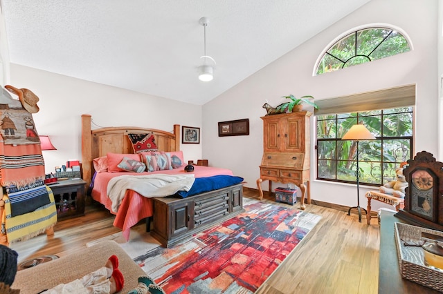 bedroom with light hardwood / wood-style floors and vaulted ceiling