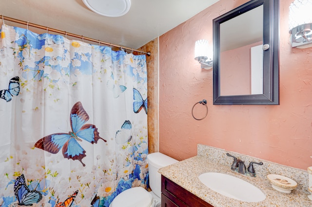 bathroom featuring curtained shower, vanity, and toilet