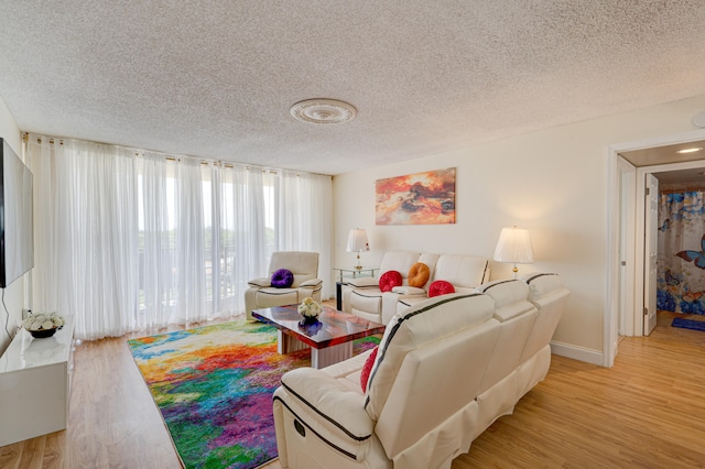 living room with light hardwood / wood-style flooring and a textured ceiling