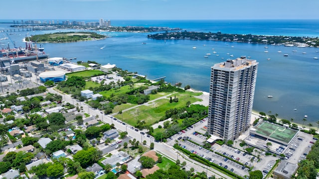 bird's eye view with a water view