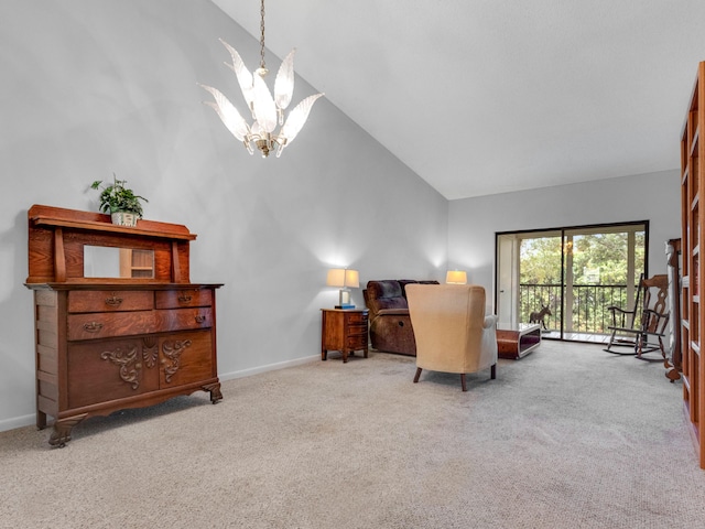 sitting room featuring an inviting chandelier, carpet, high vaulted ceiling, and baseboards