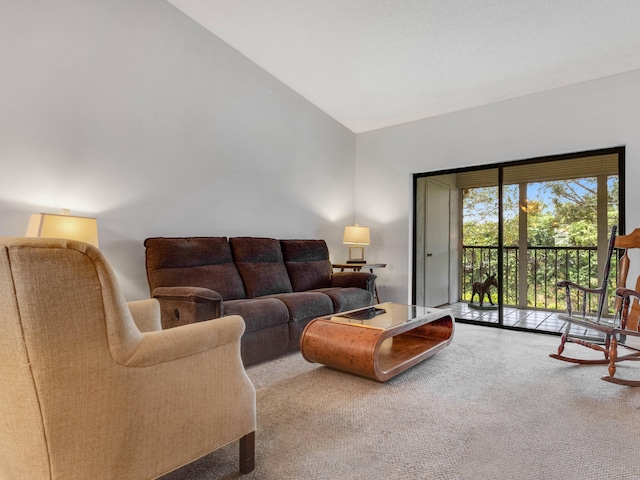 carpeted living room with high vaulted ceiling