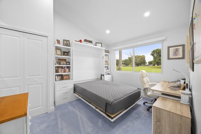 bedroom featuring lofted ceiling, carpet floors, and a closet