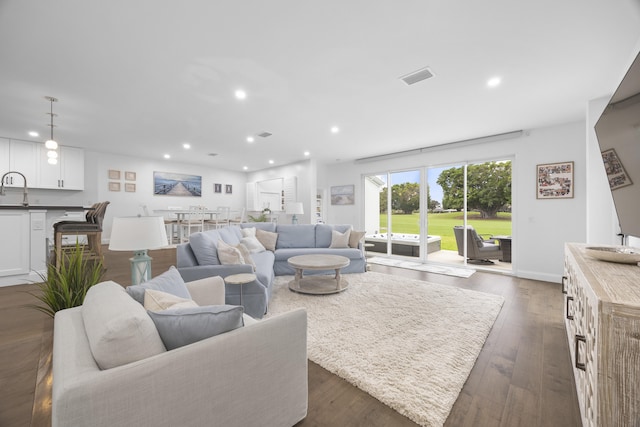 living room featuring sink and dark hardwood / wood-style floors