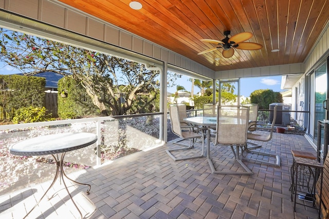 sunroom / solarium with wooden ceiling and ceiling fan