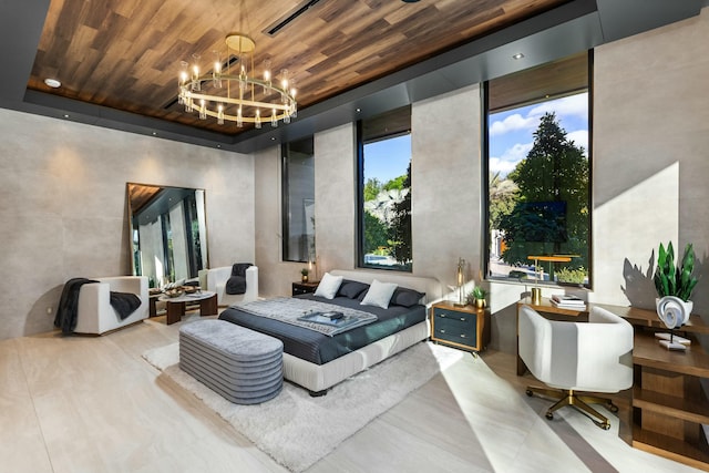 bedroom with wood ceiling and an inviting chandelier