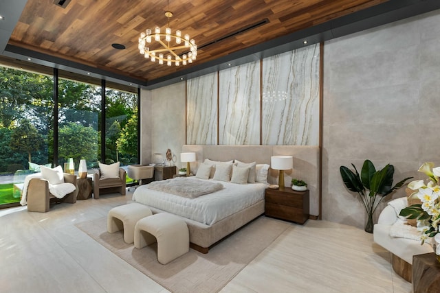 bedroom featuring floor to ceiling windows, wooden ceiling, and an inviting chandelier