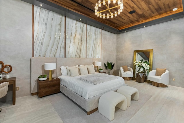 bedroom with wooden ceiling and an inviting chandelier