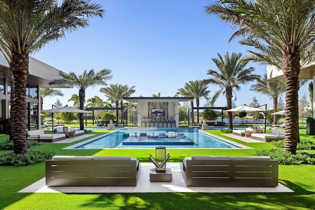 view of pool with a lawn and an outdoor living space