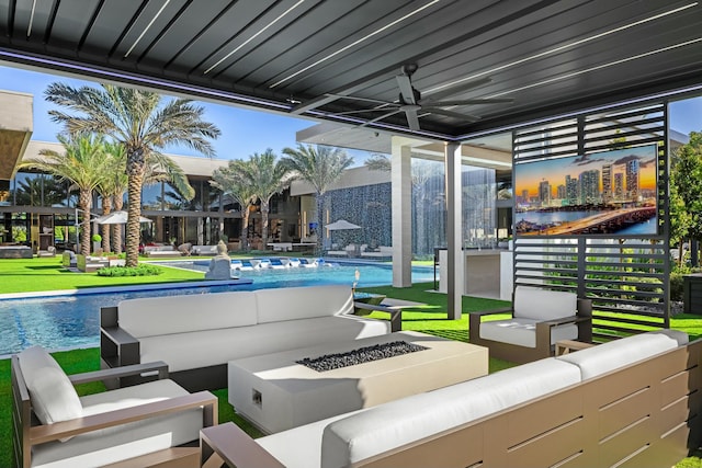 view of patio with an outdoor living space and ceiling fan