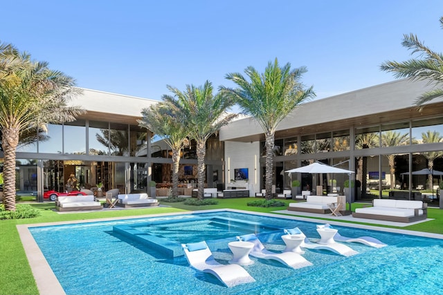 view of swimming pool featuring a patio area