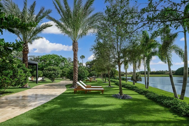 view of community with a yard and a water view