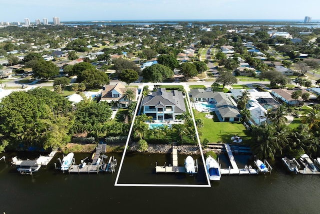 drone / aerial view featuring a water view