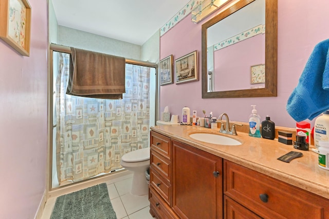 bathroom featuring an enclosed shower, toilet, tile patterned floors, and vanity