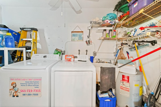 laundry room featuring washing machine and dryer, ceiling fan, and electric water heater