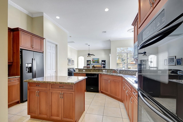 kitchen with dishwasher, a center island, kitchen peninsula, stainless steel fridge, and ornamental molding