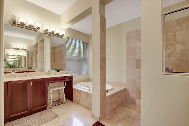 bathroom featuring tile patterned floors, vanity, and independent shower and bath