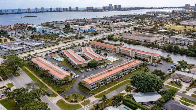 drone / aerial view featuring a water view