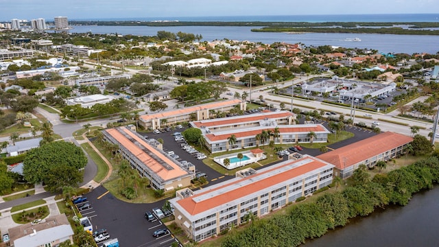 drone / aerial view with a water view