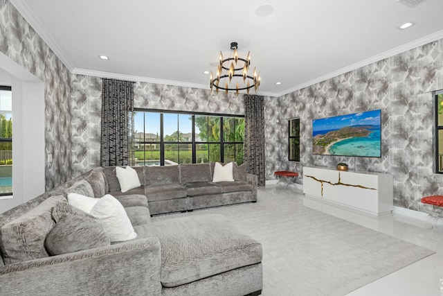 living room with crown molding and a chandelier