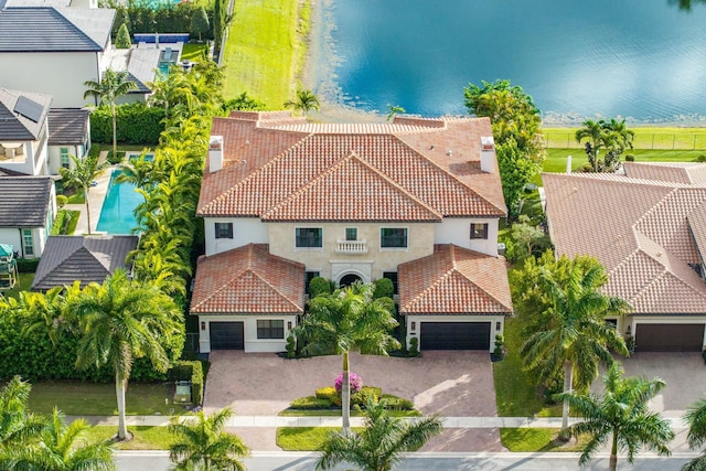 drone / aerial view featuring a water view