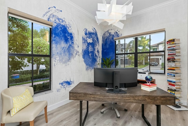 office space with hardwood / wood-style flooring and ornamental molding