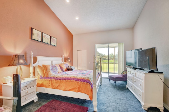 bedroom featuring access to outside, a textured ceiling, lofted ceiling, and dark colored carpet