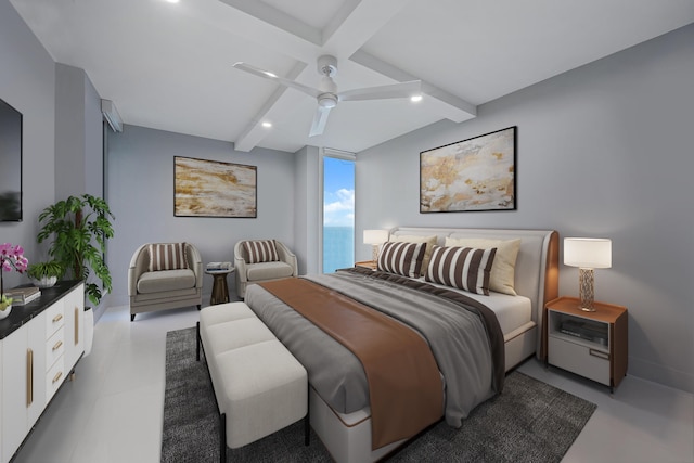 bedroom with beamed ceiling, a water view, ceiling fan, and coffered ceiling