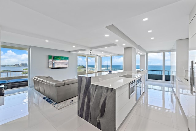 kitchen featuring white cabinets, plenty of natural light, and a water view