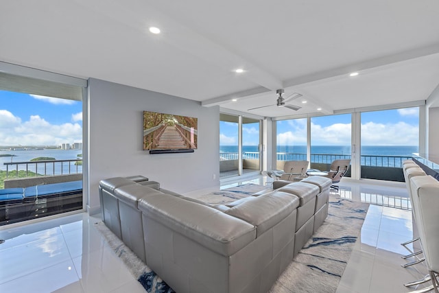 living room with a water view and a healthy amount of sunlight