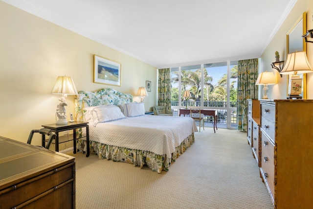 carpeted bedroom featuring floor to ceiling windows and crown molding