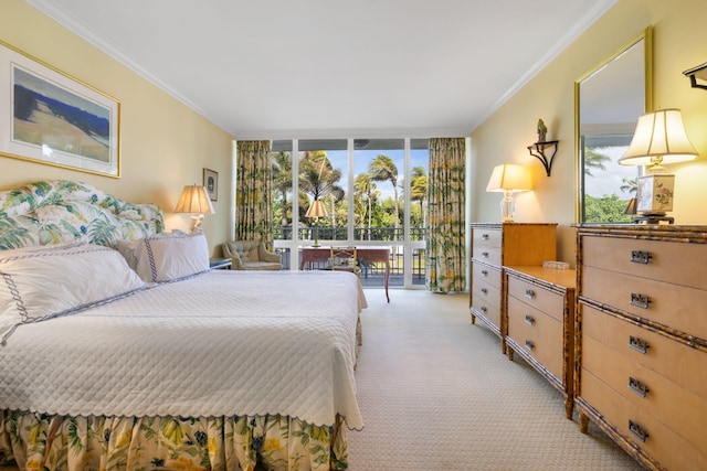 bedroom featuring light carpet, multiple windows, and crown molding