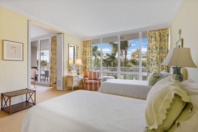 carpeted bedroom featuring access to exterior, crown molding, and floor to ceiling windows