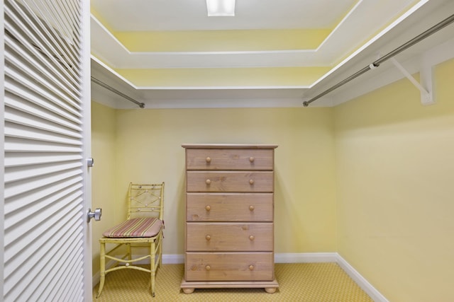 walk in closet featuring light carpet