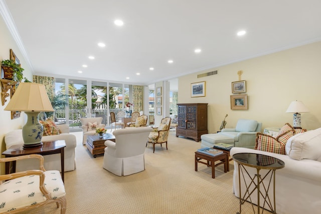 living room with expansive windows, a healthy amount of sunlight, crown molding, and light carpet