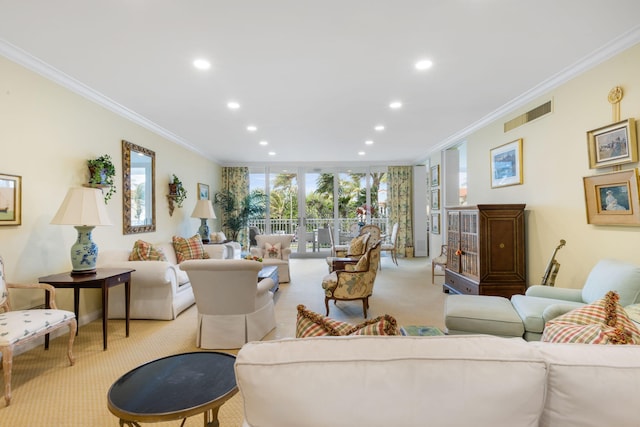 living room with light carpet, a wealth of natural light, and crown molding