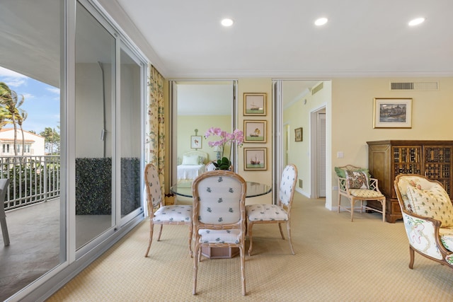 interior space featuring light colored carpet