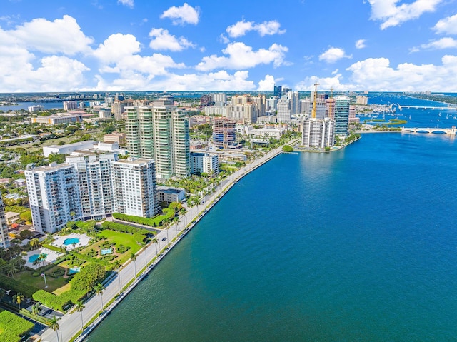 aerial view featuring a water view